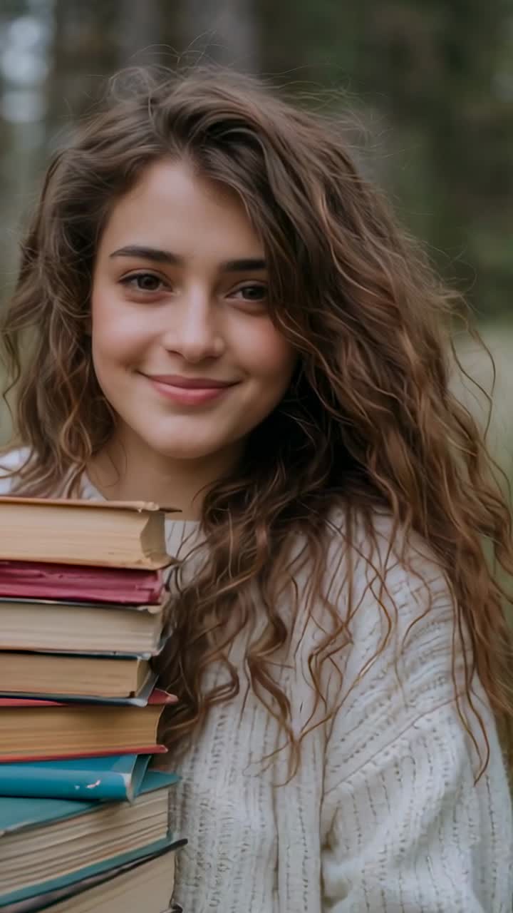 Video verticale: Zoom su una donna con maglione di lana e libri, che alza lo sguardo e sorride nel bosco