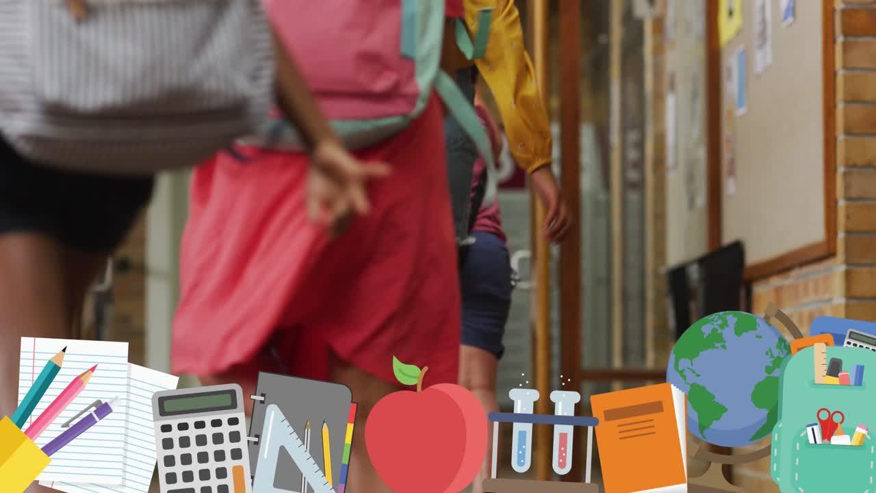animación de objetos escolares sobre niños escolares que corren en la escuela