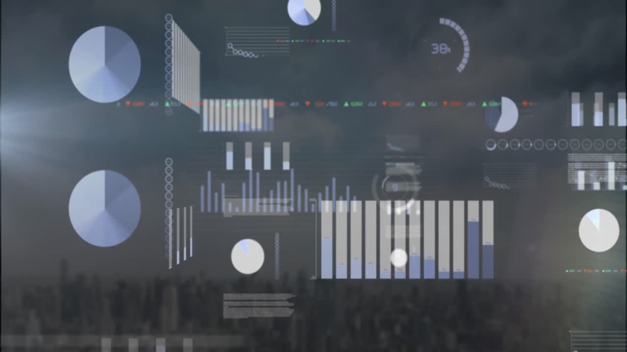 animación del procesamiento de datos estadísticos frente a una vista aérea del paisaje urbano