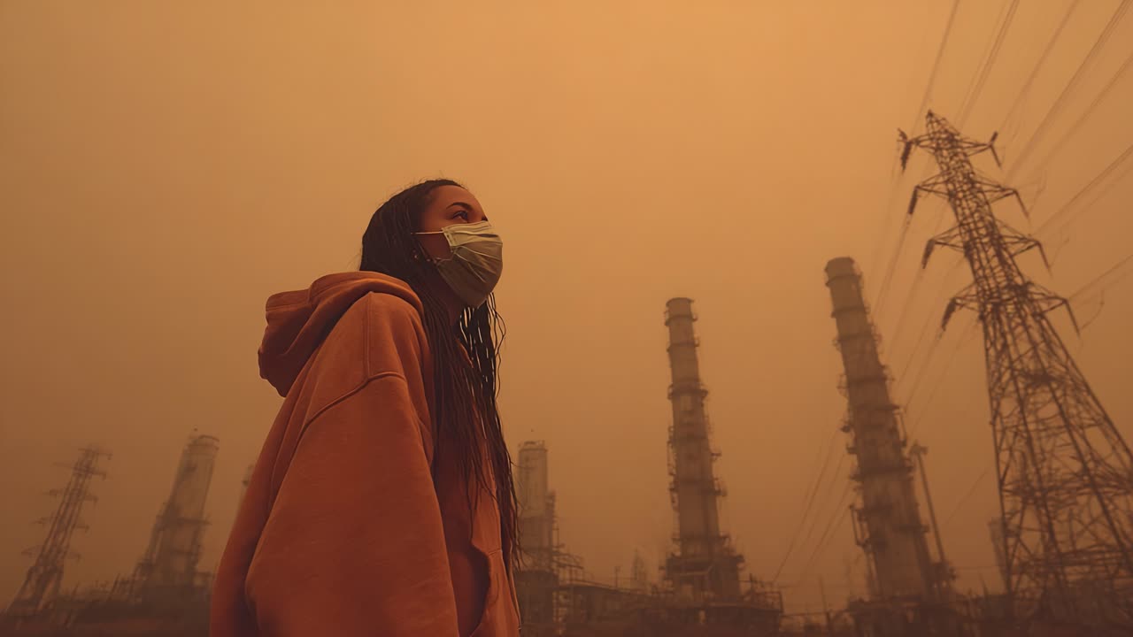 A lone figure stands amidst towering industrial smokestacks and power lines, wearing a mask as an orange haze envelops the polluted landscape, reflecting on environmental challenges