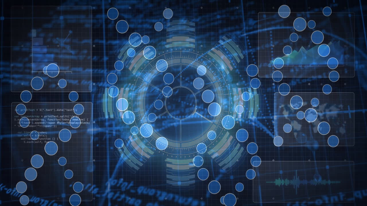 Circular patterns and data visualizations in futuristic digital animation interface