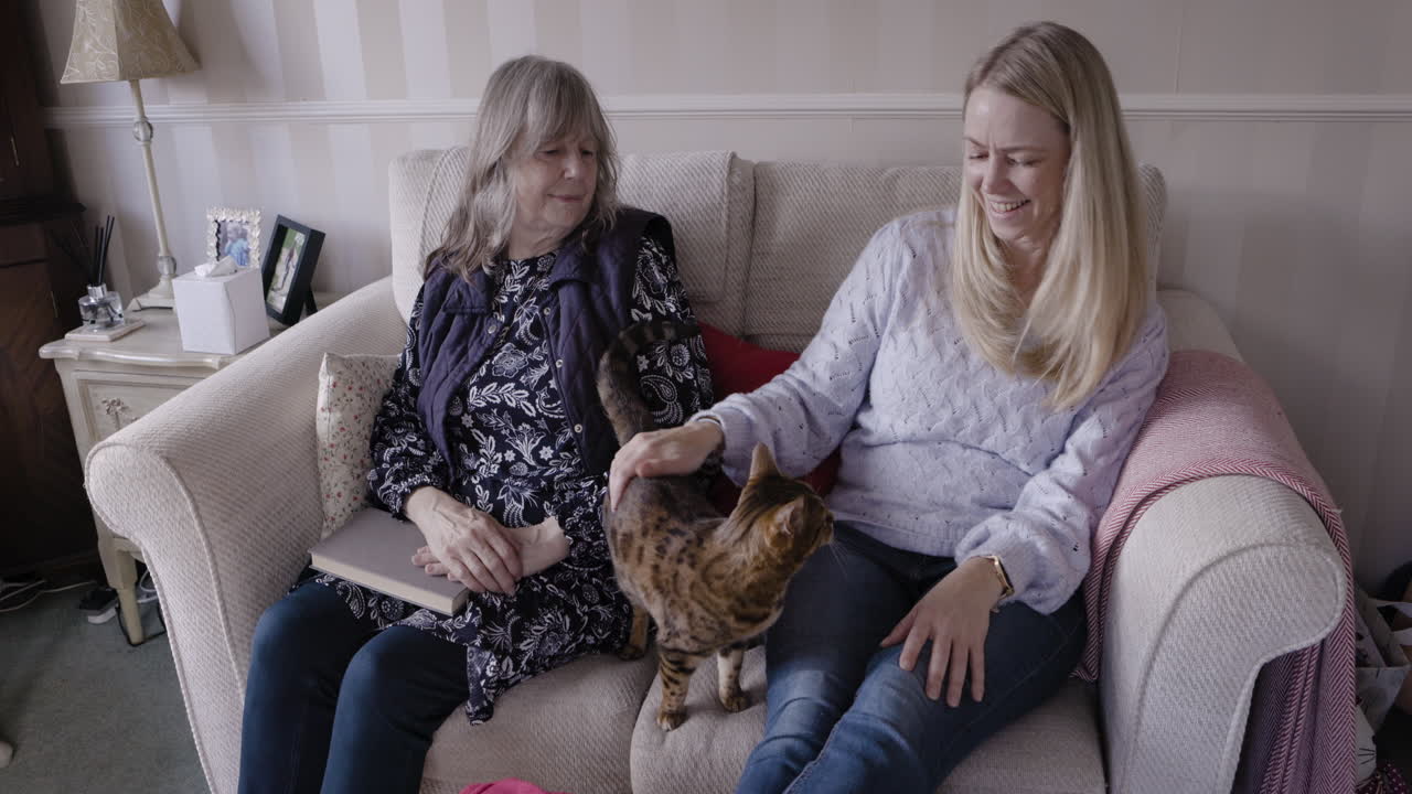 Two women sitting on a couch with a cat
