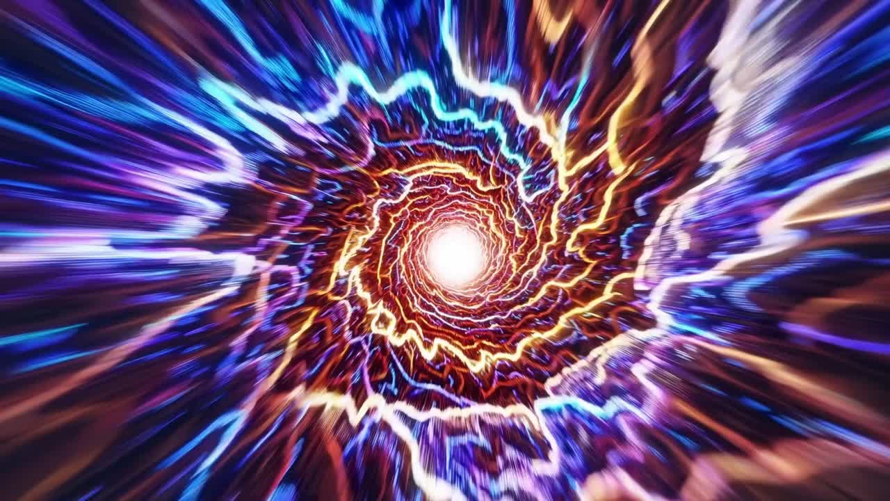 Vibrant swirling vortex of light and energy, showcasing dynamic motion and color transitions, creating a mesmerizing visual experience of cosmic depth and intensity