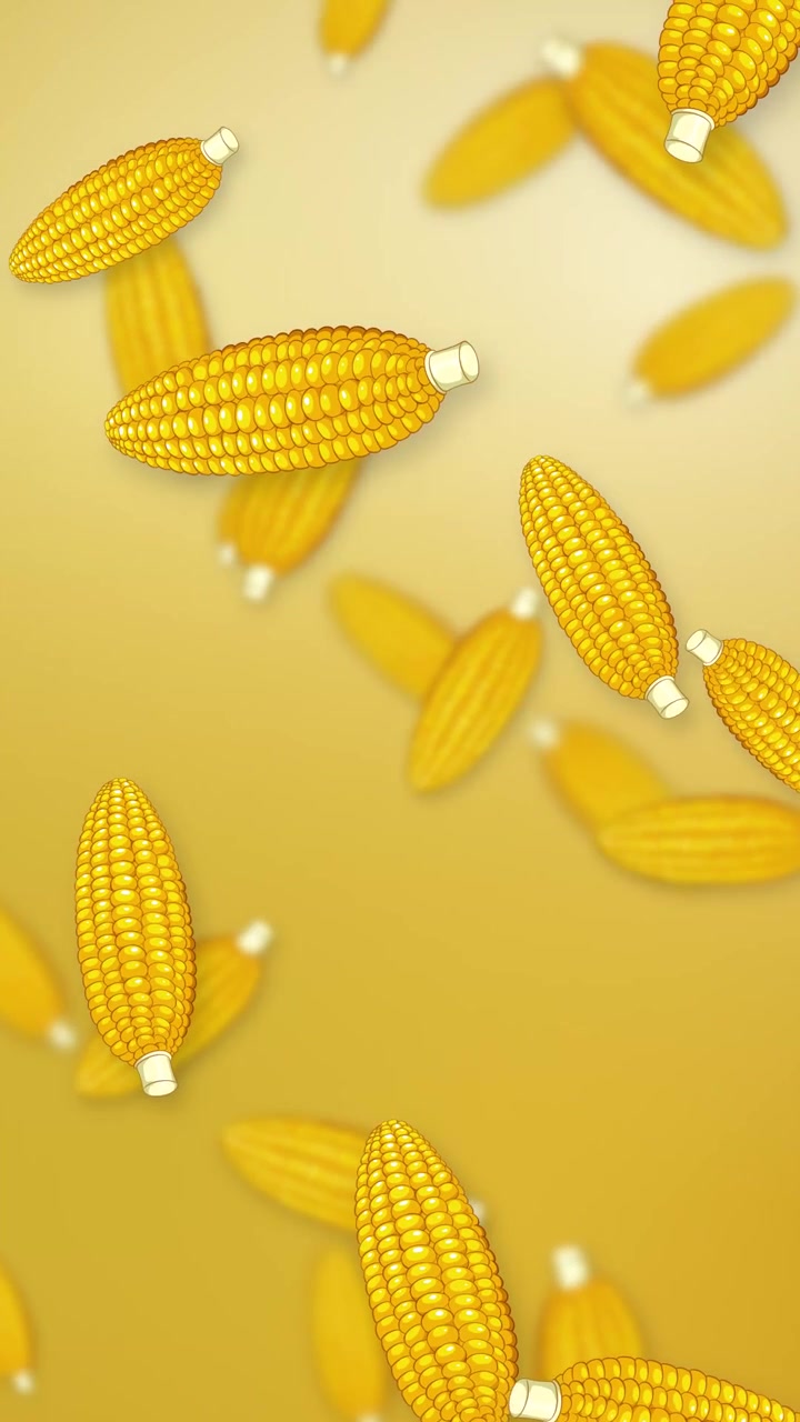 Stylized corn cobs fall continuously against a yellow mesh background in a vertical loop.