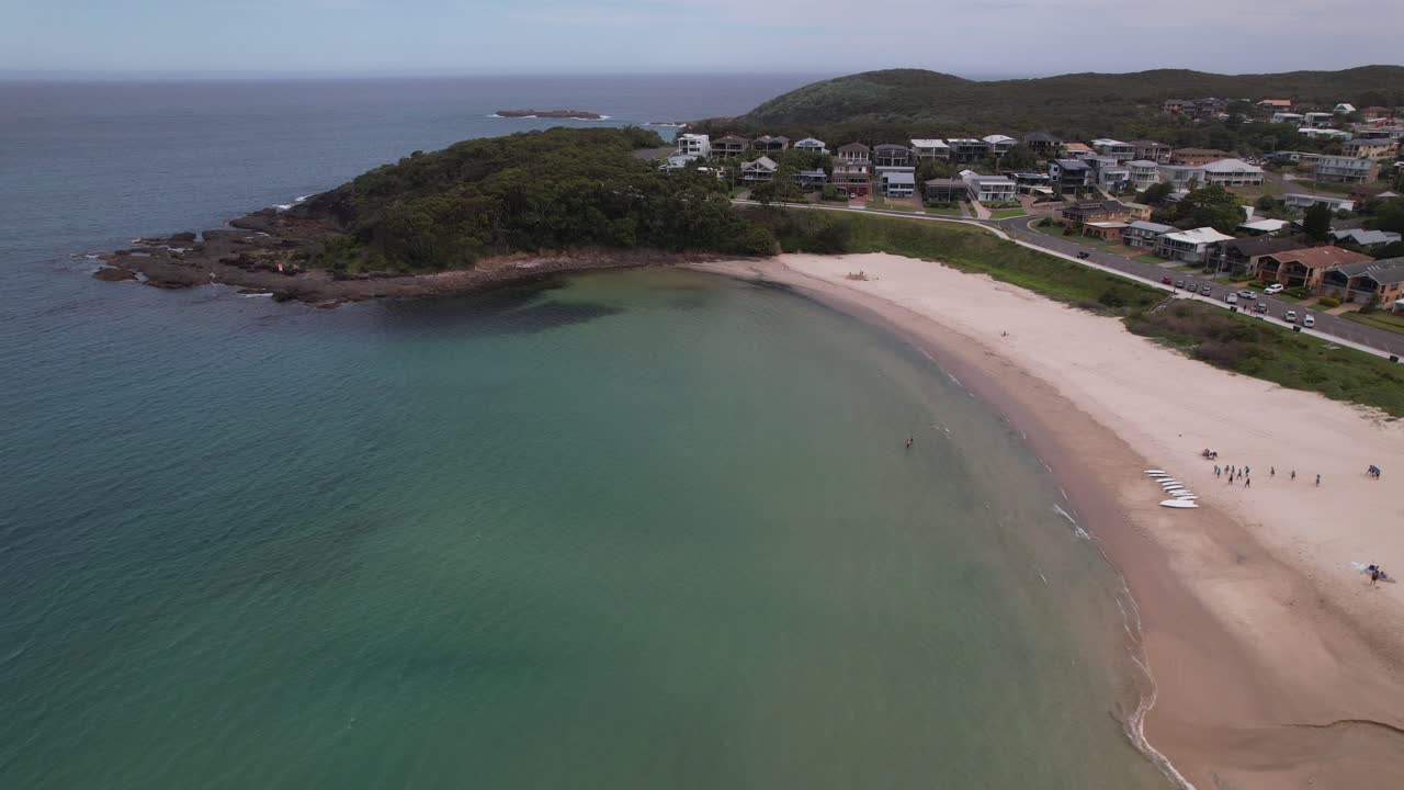 Fingal Beach With Turquoise Seascape In New South Wales, Australia - Aerial Drone Shot