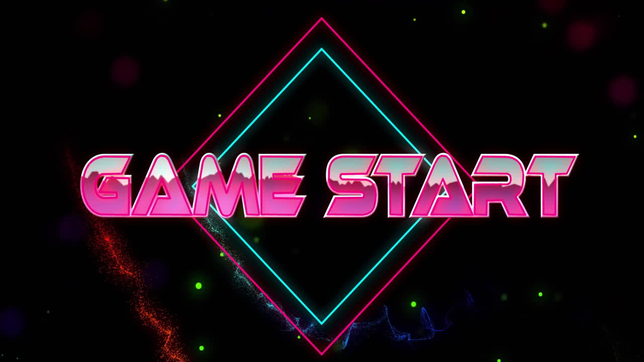 Glowing animation of Game Start text over colorful shapes on black background