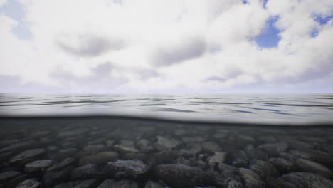 clear water reveal in serene lake with rocky bottom under soft clouds