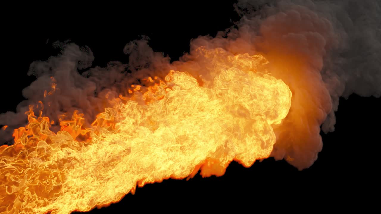 Powerful burning fuel with thick smoke. Realistic transition of fire explosion with alpha. Fire with smoke on an isolated background with alpha channel, fuel explosion.