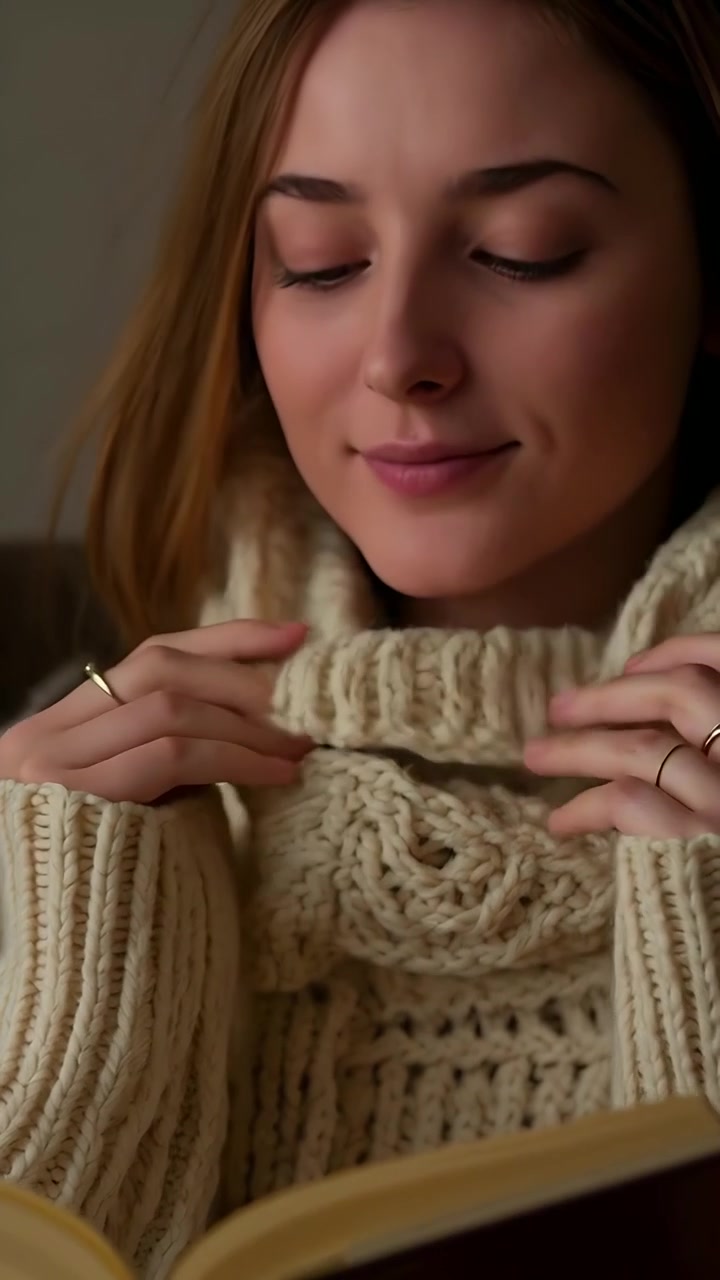 Video verticale: Donna con maglione color crema che annusa il colletto tra le pagine, mentre si sistema sul divano accanto a un libro.