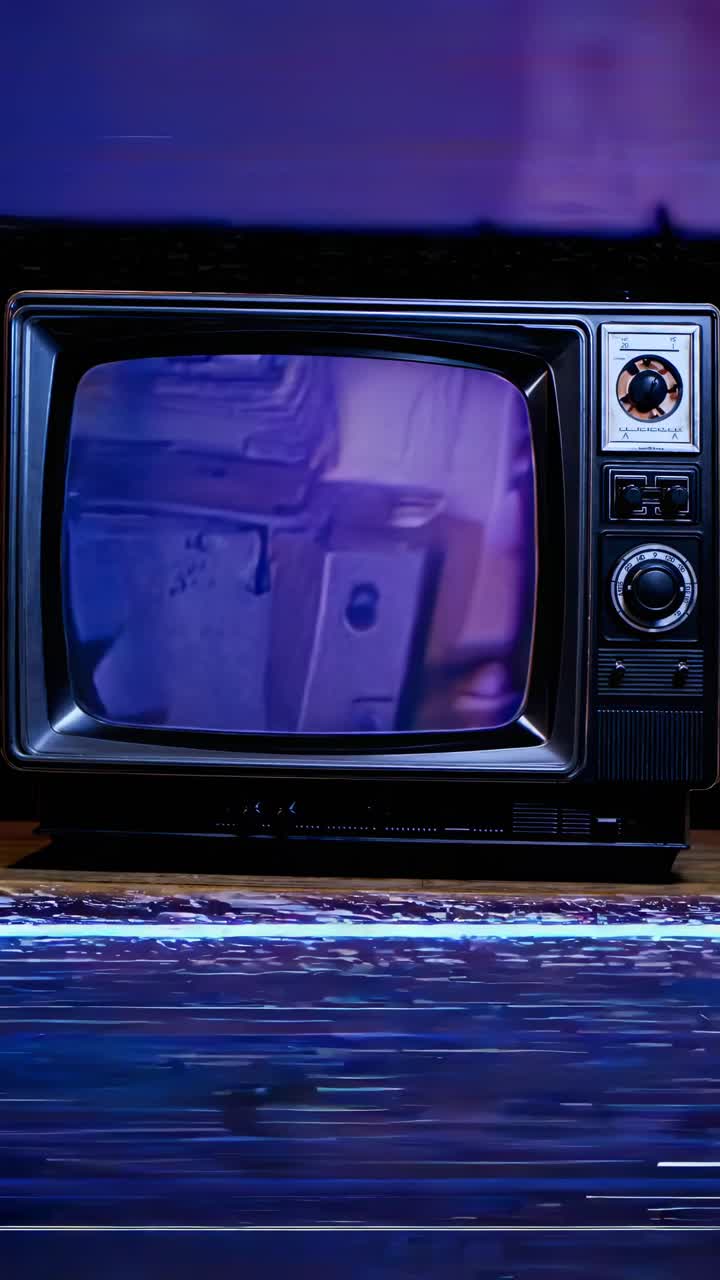 Vintage TV with glitchy video display, shot from a low angle