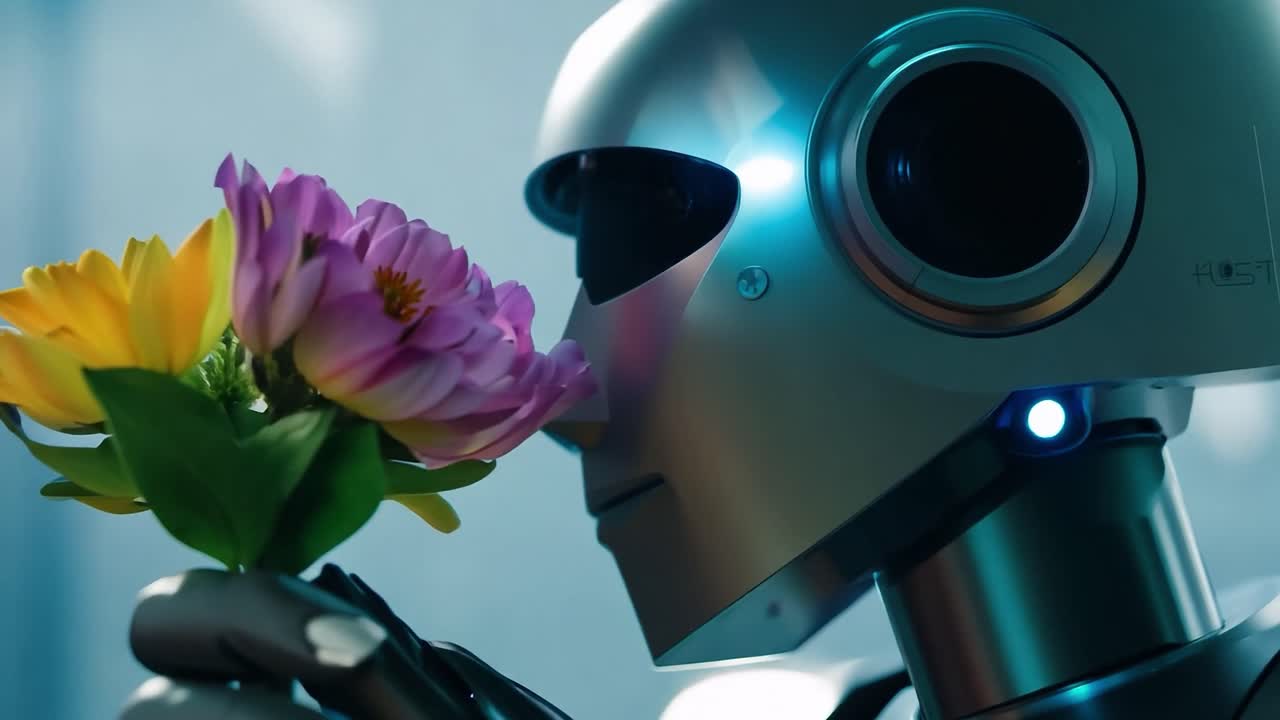 A silver robot holds a bouquet of pink and yellow flowers.