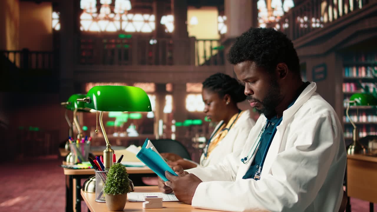 Medical student reading a book and reviewing notes from the library database