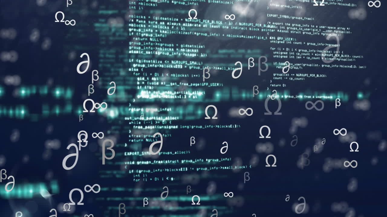 Greek letters and programming code animation over blurred digital background