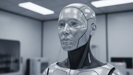a futuristic robotic being: exploring the intricacies of human-like form and advanced technology in a sleek laboratory setting