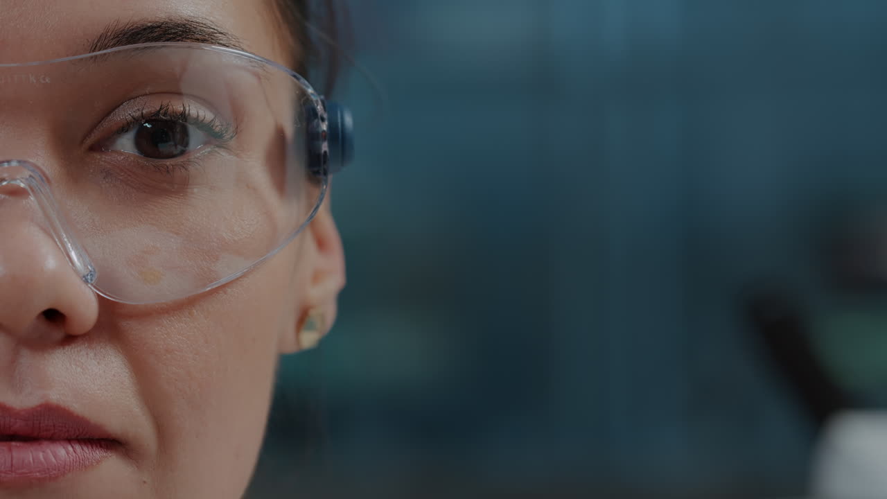 Woman scientist wearing protective glasses with virtual reality