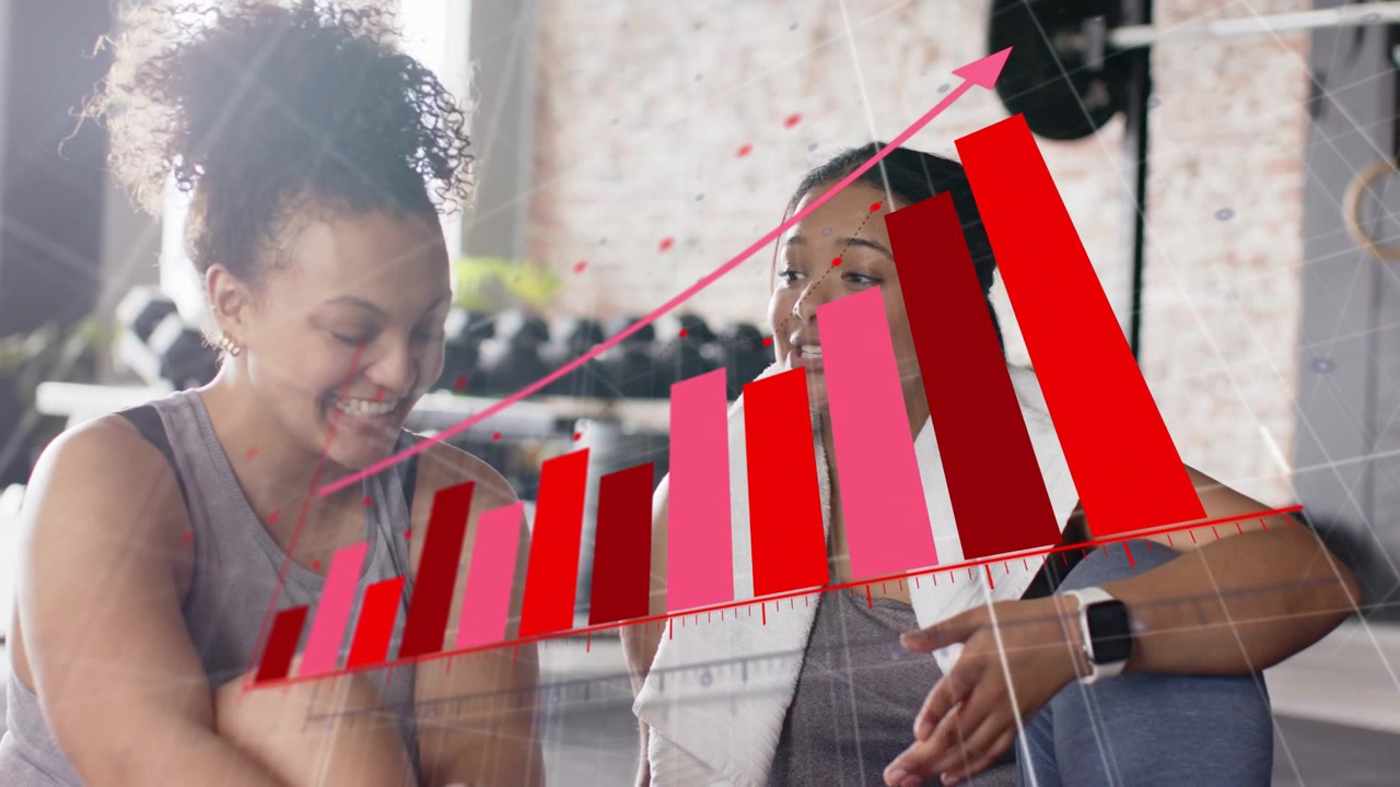Fitness partners sitting, red line sparking 3D bars tracing rising data while checking smartwatch