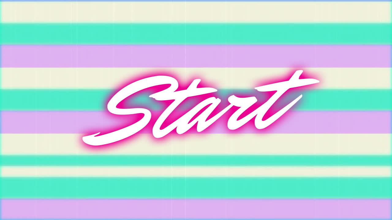 Cursive Start typography floating across retro pastel stripes, glowing with neon pink effect