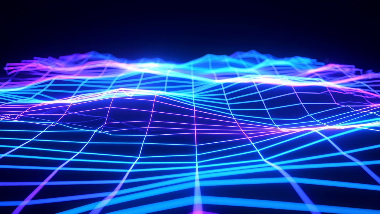 Neon Grid Horizon Glowing Blue Purple Waves Undulating Over Digital Matrix, Retro Synthwave Mood, Vibrant Glow