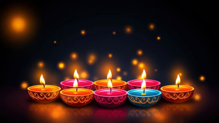 Colorful Diwali diyas glow against a dark background, captured from a low angle
