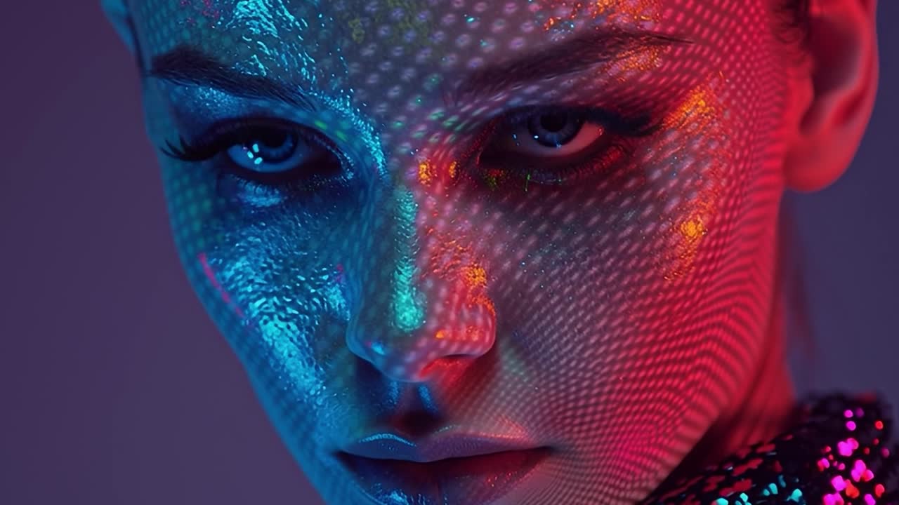 Model showcasing vibrant neon body paint in artistic studio setting