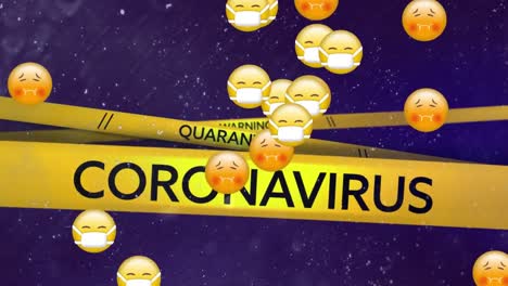animación del texto de cuarentena de coronavirus en cinta de peligro amarilla con emojis enfermos, en el cielo nocturno