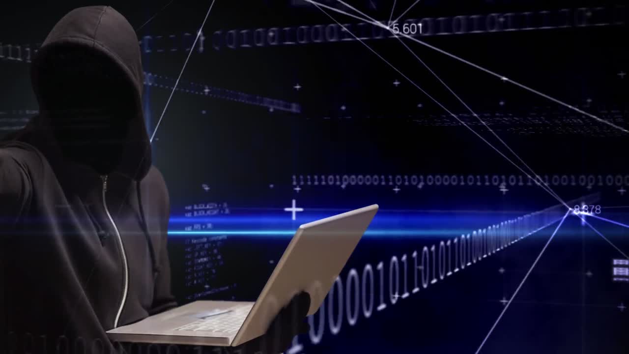Digital animation of hacker hacking laptop and technology computer codes 4K
