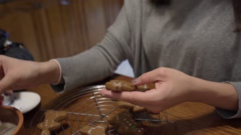 Close-up shot of a lady putting icing on a gingerbread man