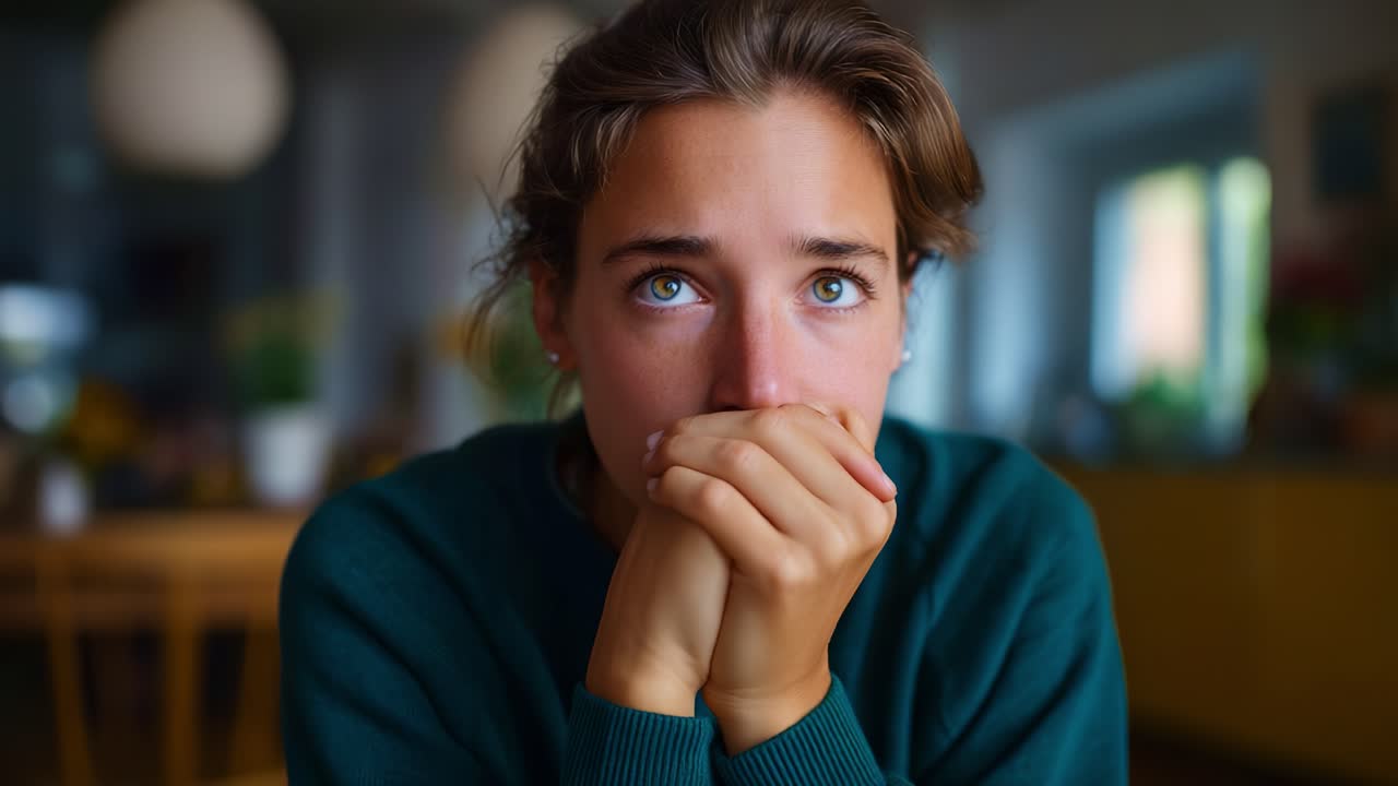 Joven adulto contemplativo en actitud reflexiva, que expresa introspección y emoción con la mirada fija y las manos entrelazadas en un ambiente interior acogedor