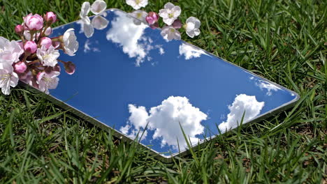 sky and clouds reflected in a mirror on green grass with flowers