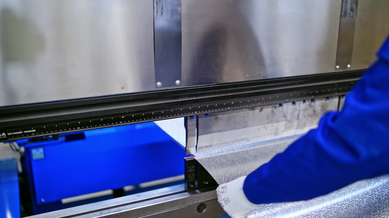 Interior of Industrial working place at factory. Robotic factory line for processing and cutting of metal or steel sheets. Worker at plant in blue uniform. Industrial concept.