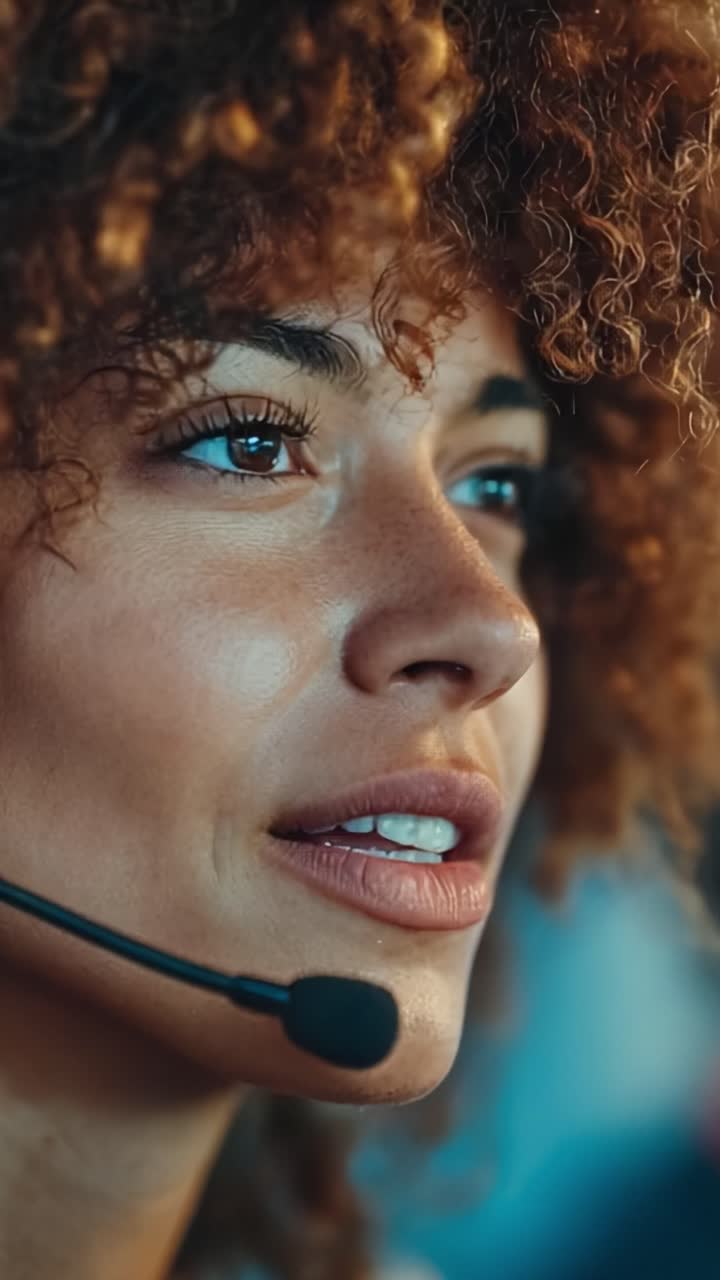 Primo piano di una donna affascinante con capelli ricci e cuffie, che cattura concentrazione e professionalità in un ambiente dinamico