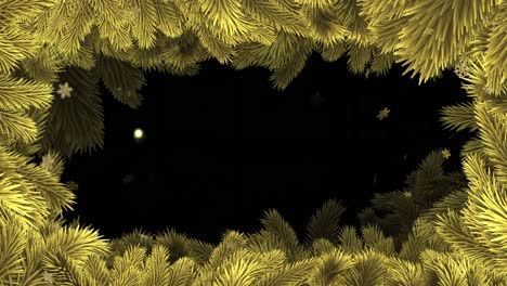 Animation-of-gold-snowflakes-falling-on-black-background-with-christmas-tree-border