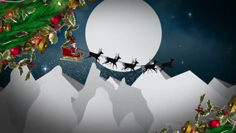 Animation-of-santa-claus-in-sleigh-with-reindeer-moving-over-moon-and-winter-landscape