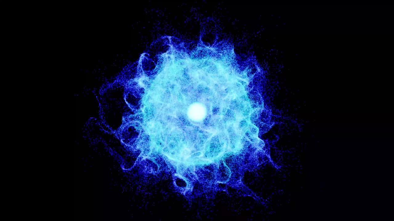 efectos visuales, vfx, partículas azules esfera de energía en fondo negro animación 3d