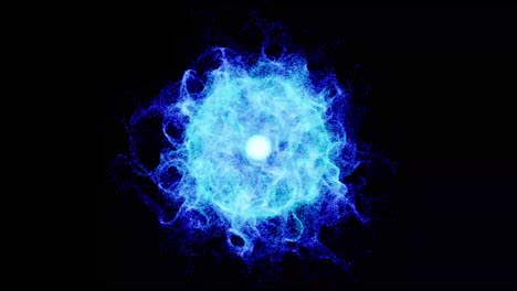 efectos visuales, vfx, partículas azules esfera de energía en fondo negro animación 3d