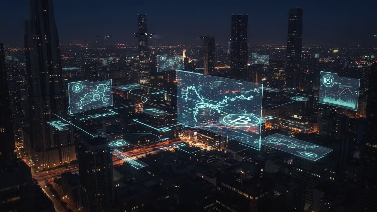 Un paesaggio notturno dinamico che mostra la visualizzazione dei dati delle criptovalute su uno sfondo urbano fiorente con elementi high-tech e la vita cittadina illuminata.
