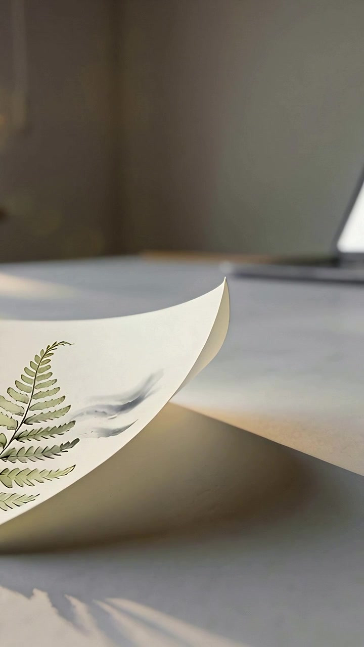 Video verticale: Luce solare che riscalda una carta stampata con felci, con l'angolo destro che si arriccia, su un tavolo vicino a un laptop e al davanzale.