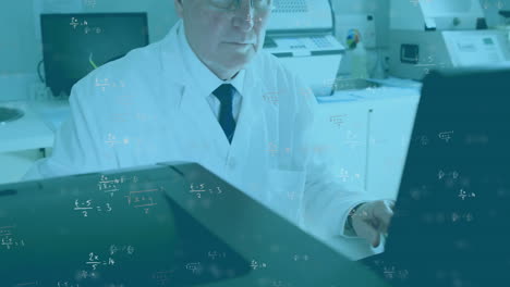 animación de una fórmula matemática sobre un científico caucásico que trabaja en un laboratorio