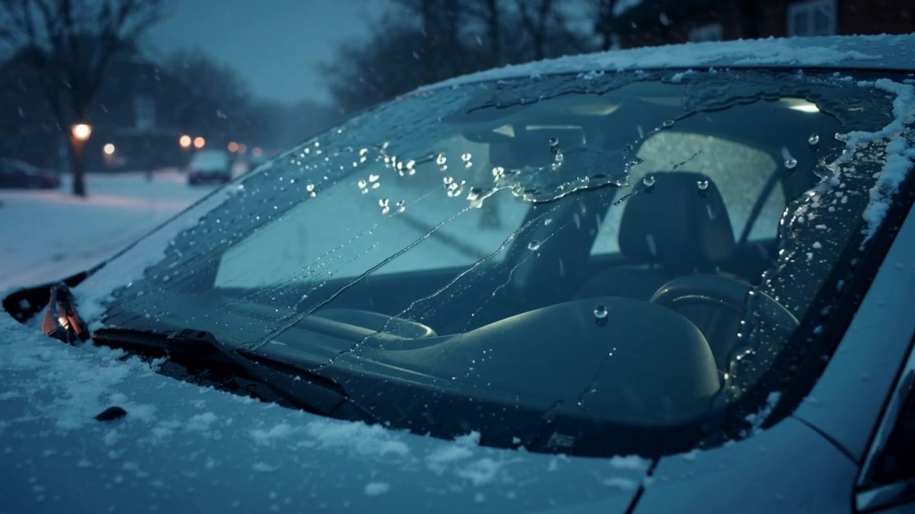 Activating wipers, car sweeping windshield on snowy street, clearing view to steering wheel