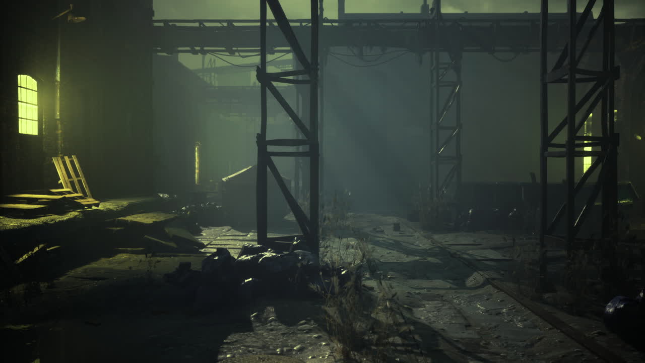 Abandoned industrial setting with eerie lighting and remnants of the past