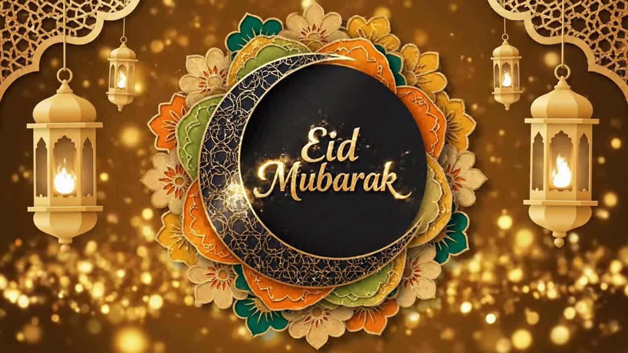 Auguri Eid Mubarak dorati con luna crescente e lanterne