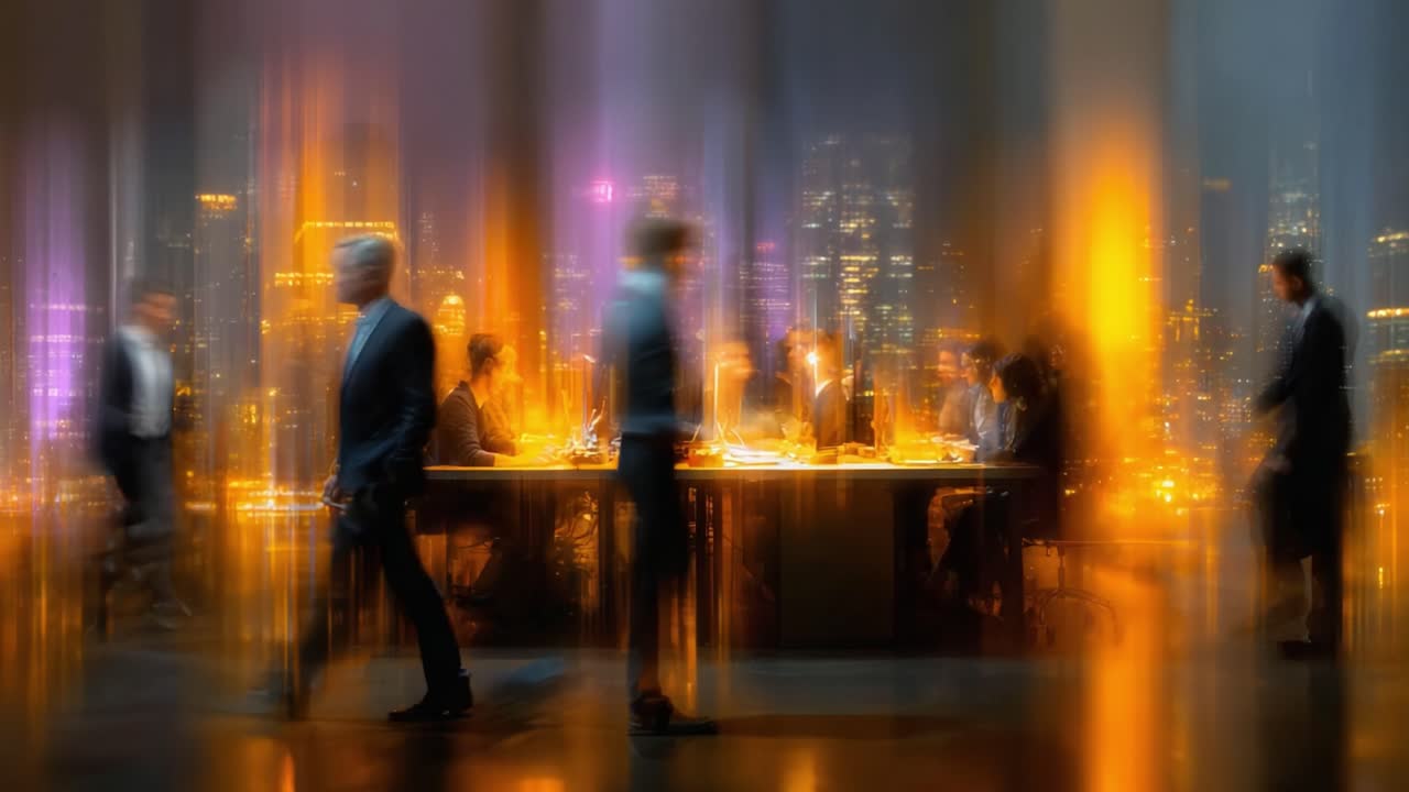 Dynamic Business Meeting Scene with Blurred Figures and a Vibrant Cityscape Backdrop, Illustrating Collaboration, Strategy, and Innovation in a Modern Corporate Environment