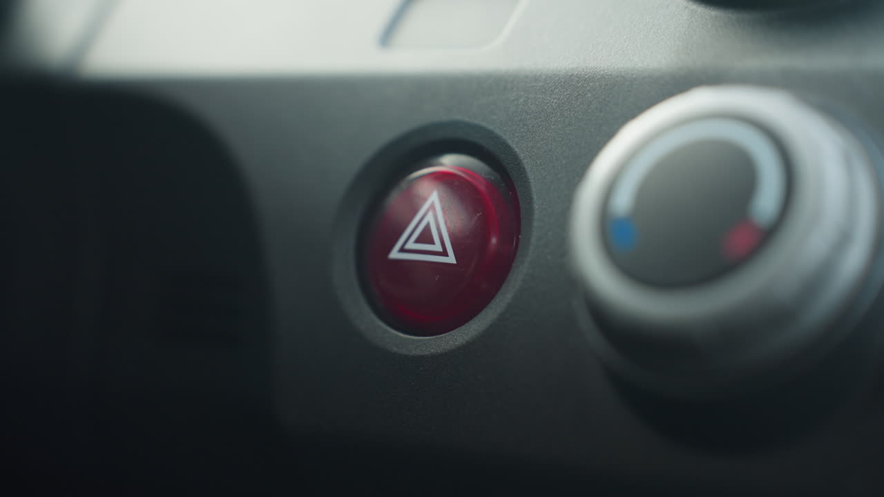 Close up of person pressing red circular hazard warning button on car dashboard interior showing finger contact interaction with emergency control switch near climate adjustment dial