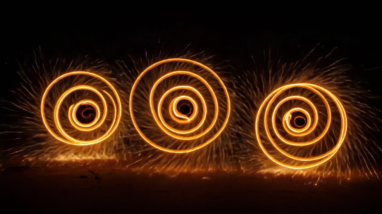 A Mesmerizing Display of Sparkling Fire Art: Spiraling Patterns Emanating from Whirling Sparks Create an Enchanting Visual Experience in Darkness