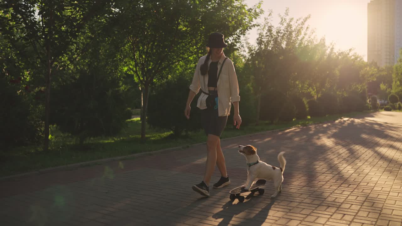 mujer patinando con su perro en un parque