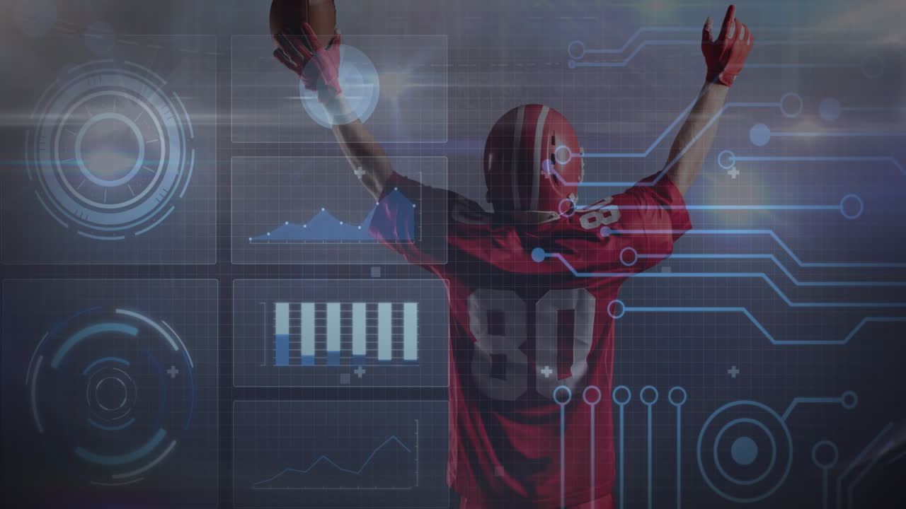 animazione dell'elaborazione dei dati sugli schermi sopra il giocatore di football americano sullo sfondo