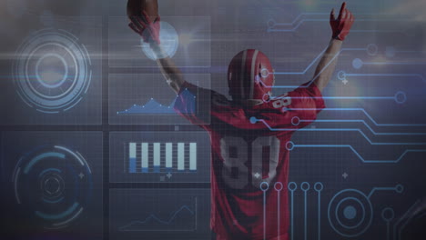 animación del procesamiento de datos en las pantallas sobre el jugador de fútbol americano en el fondo