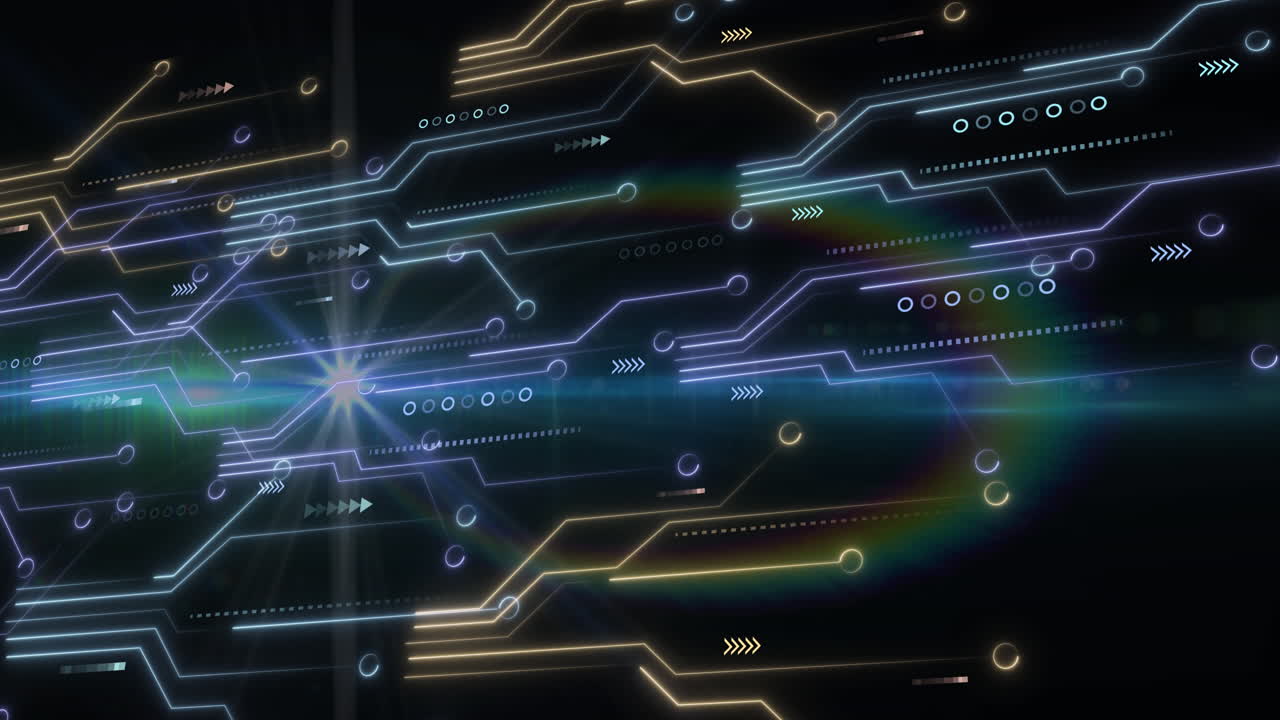 검은 바탕에 컴퓨터 회로판과 데이터 처리의 애니메이션