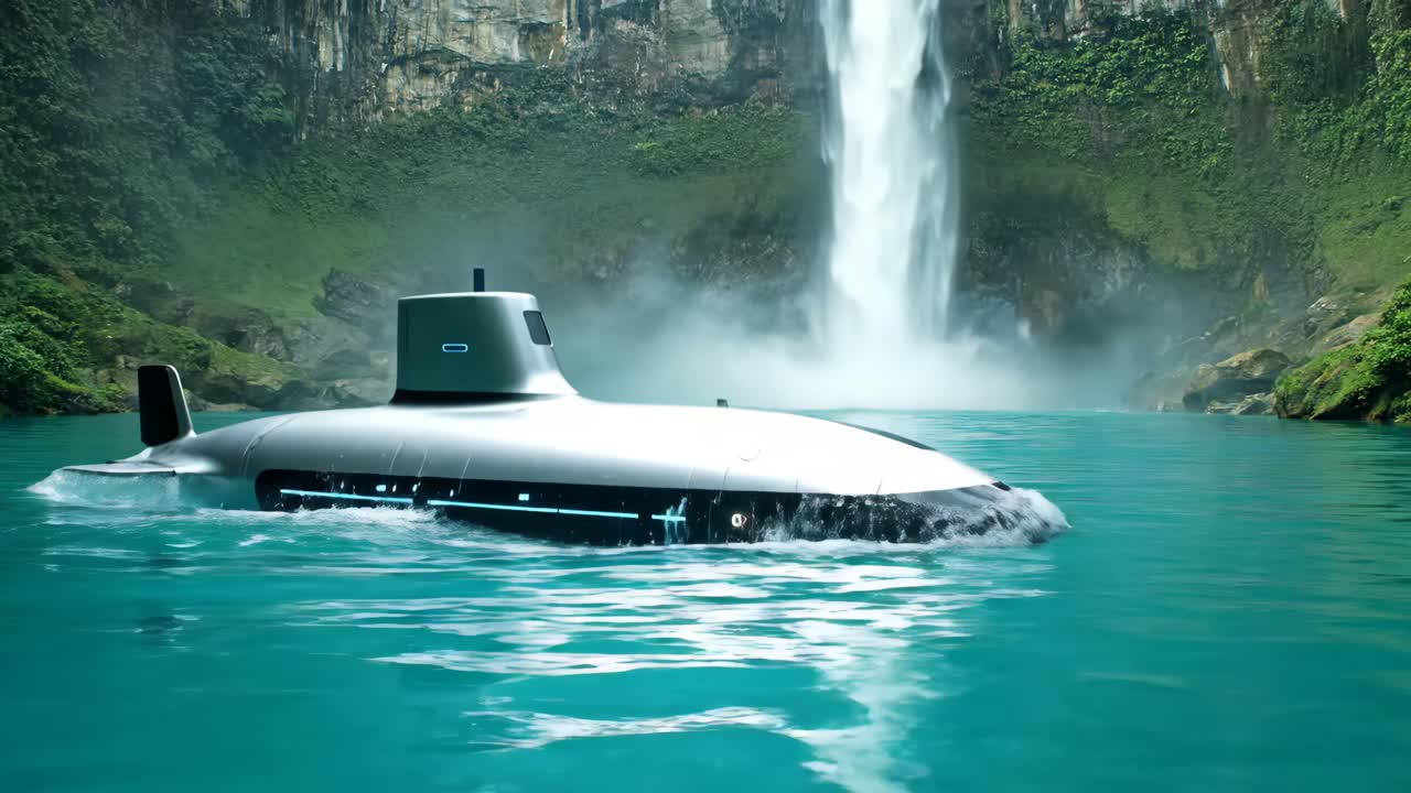 A submarine underwater in a lake beneath a waterfall