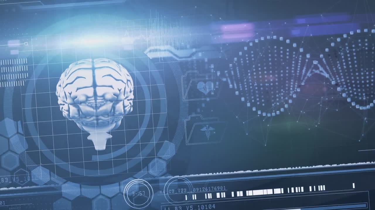 Digital animation of interface with data processing against blue background